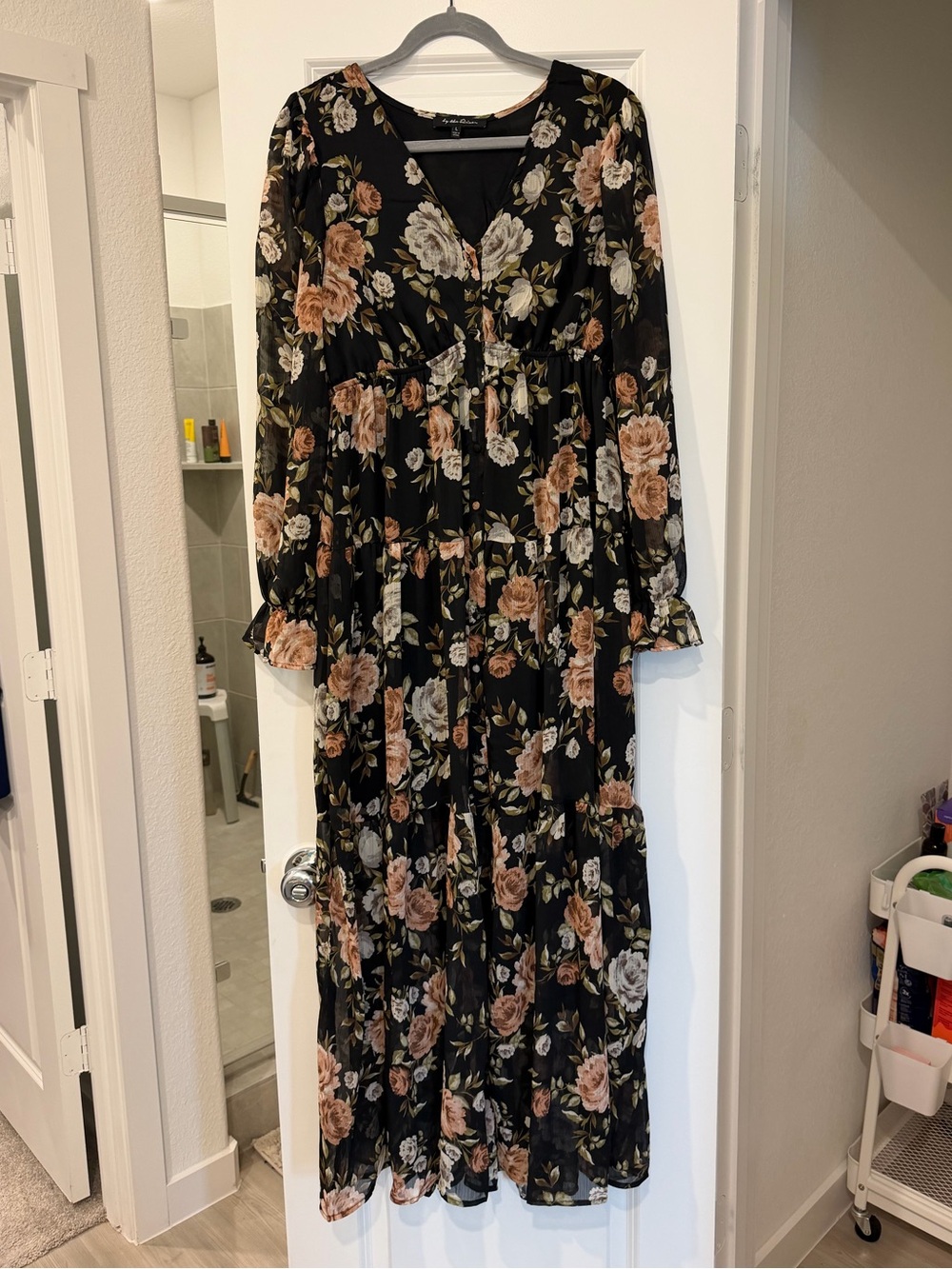 Black Floral V-Neck Tiered Maxi Dress